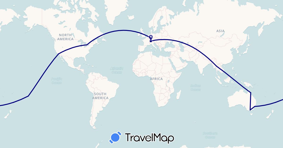 TravelMap itinerary: driving in Australia, Canada, Switzerland, Cook Islands, Germany, Thailand, United States (Asia, Europe, North America, Oceania)